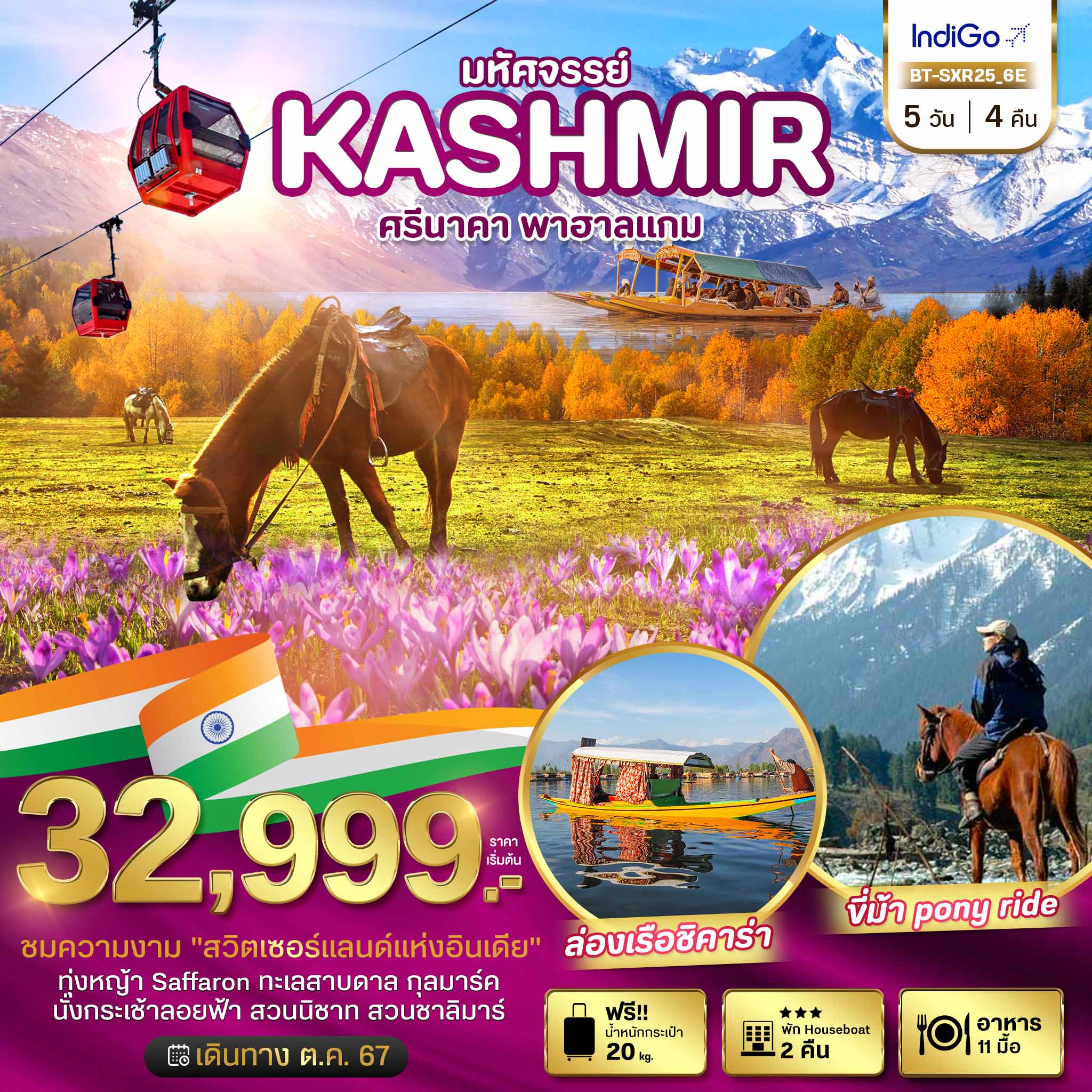 ทัวร์อินเดีย มหัศจรรย์ KASHMIR ศรีนาคา พาฮาแกม 5วัน 4คืน (6E)