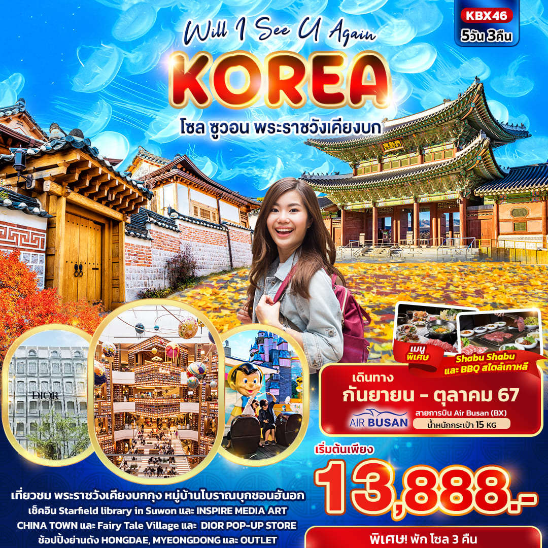 ทัวร์เกาหลี Will I See U Again KOREA โซล ซูวอน พระราชวังเคียงบก 5วัน 3คืน (BX)