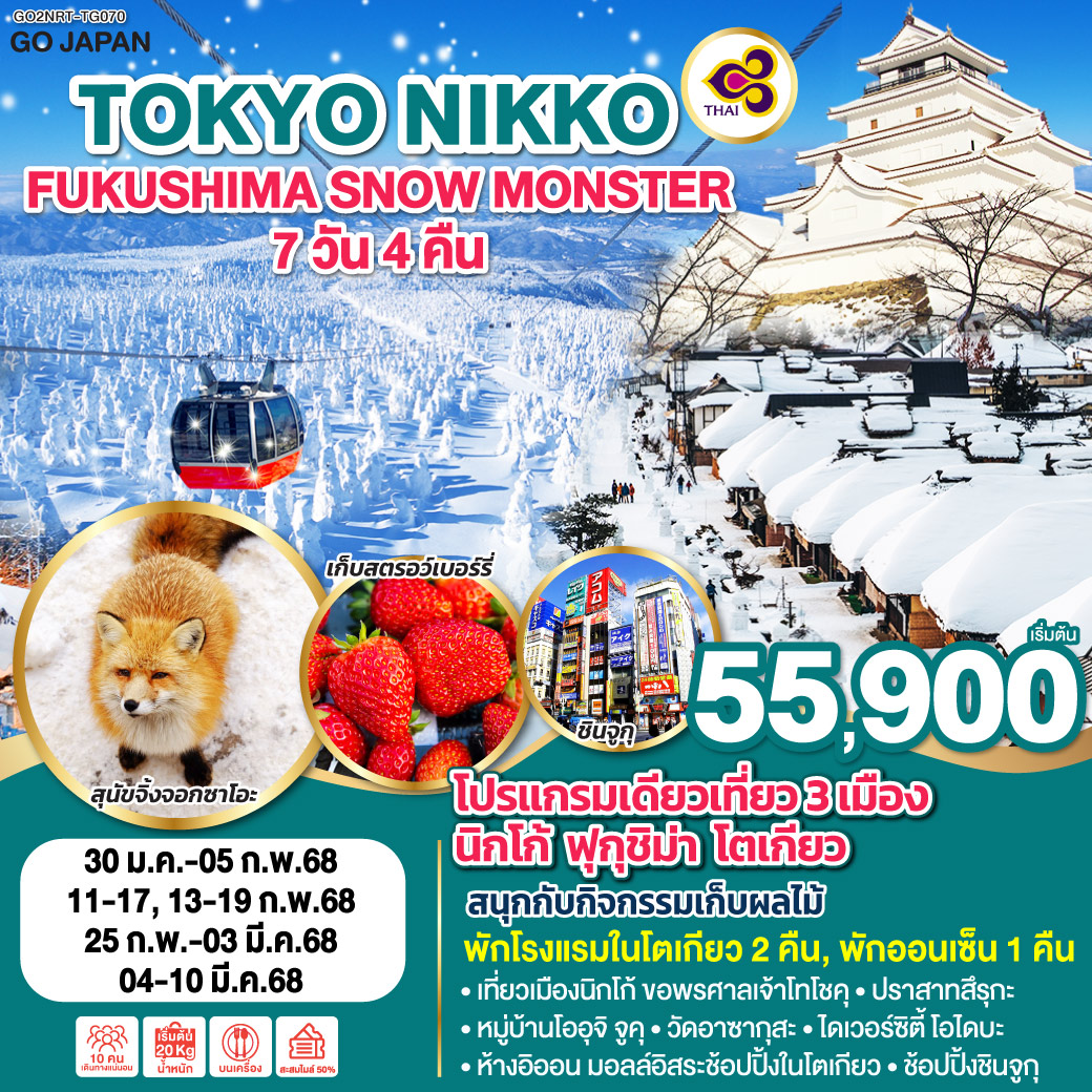 ทัวร์ญี่ปุ่น TOKYO NIKKO FUKUSHIMA SNOW MONSTER 7วัน 4คืน โดยสายการบินไทย [TG]