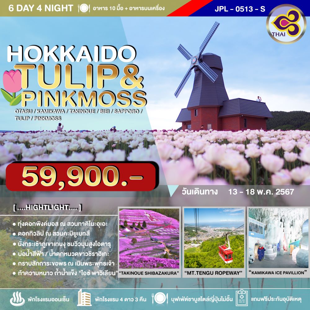 ทัวร์ญี่ปุ่น HOKKAIDO TULIP PINKMOSS โอตารุ-คามิกาว่า-ทาคิโนะอุเอะ-บิเอะ-ซัปโปโร-ชมทุ่งพิงค์มอส&ทิวลิป 6วัน 4คืน (TG)