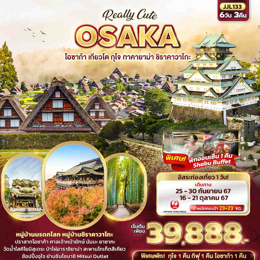 ทัวร์ญี่ปุ่น OSAKA เกียวโต กุโจ ทาคายาม่า ชิราคาวาโกะ 6วัน 3คืน (XJ)